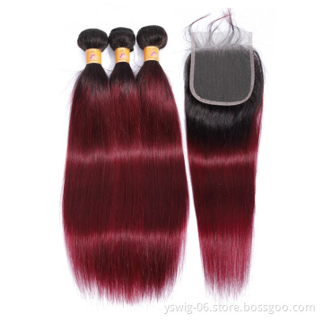 Free Sample Raw Virgin Human Hair Supplier, Ombre 1b/99j# Straight Wave Hair Bundles with Lace Closure